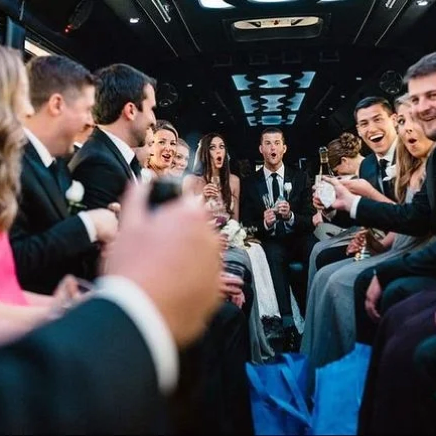 People celebrating in a party bus.