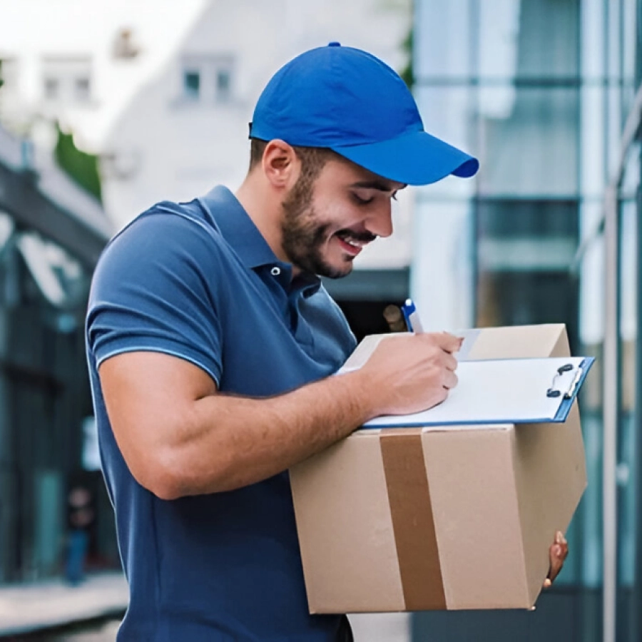 Delivery person holding package and clipboard.