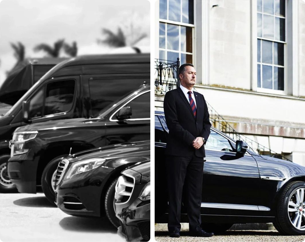 Black cars and suited security personnel.