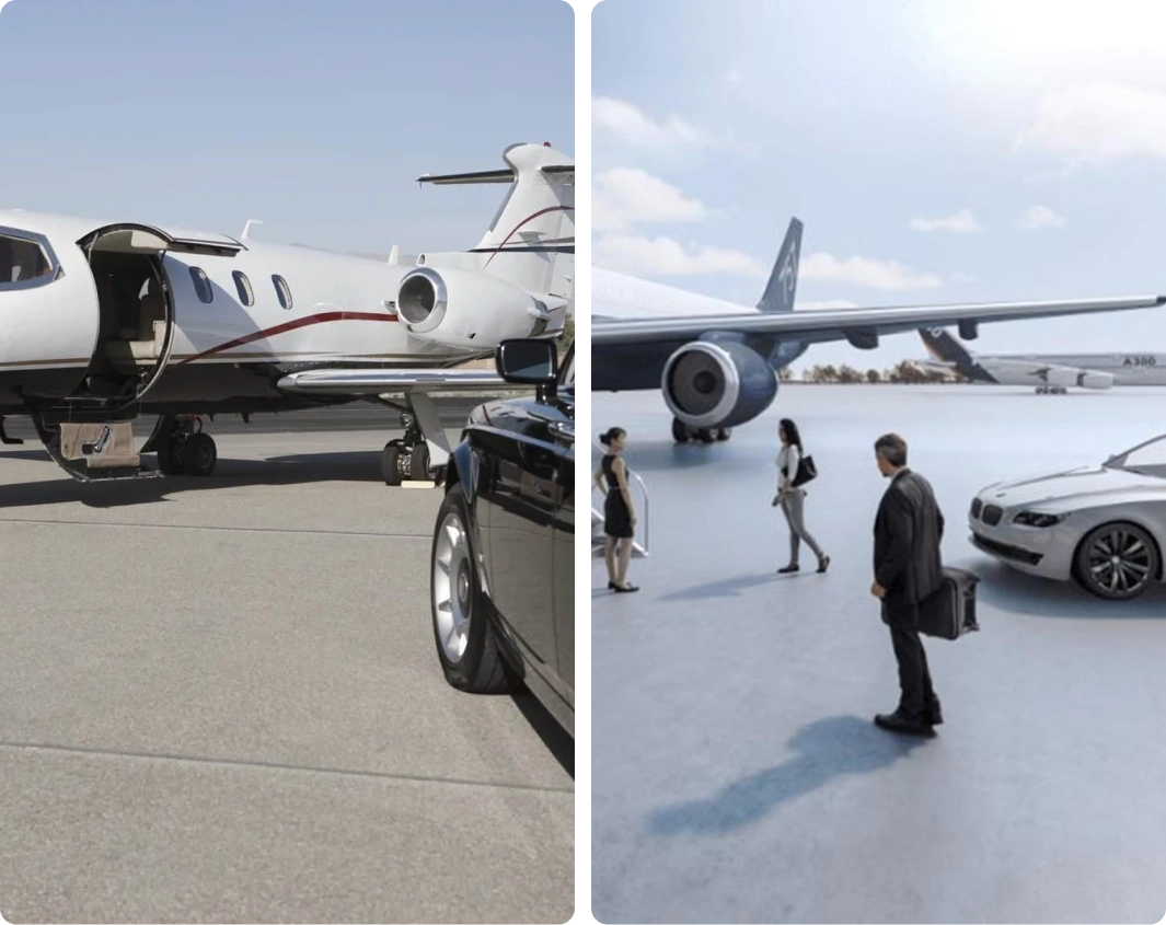 Private jet and commercial airplane on tarmac.