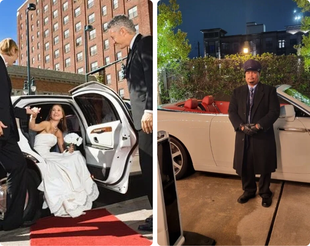 Bride exiting limo; man standing by convertible.