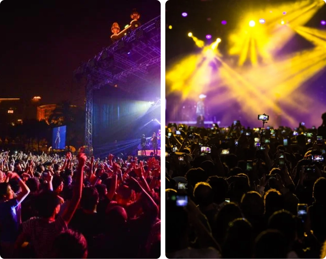Concert crowd with colorful stage lights.