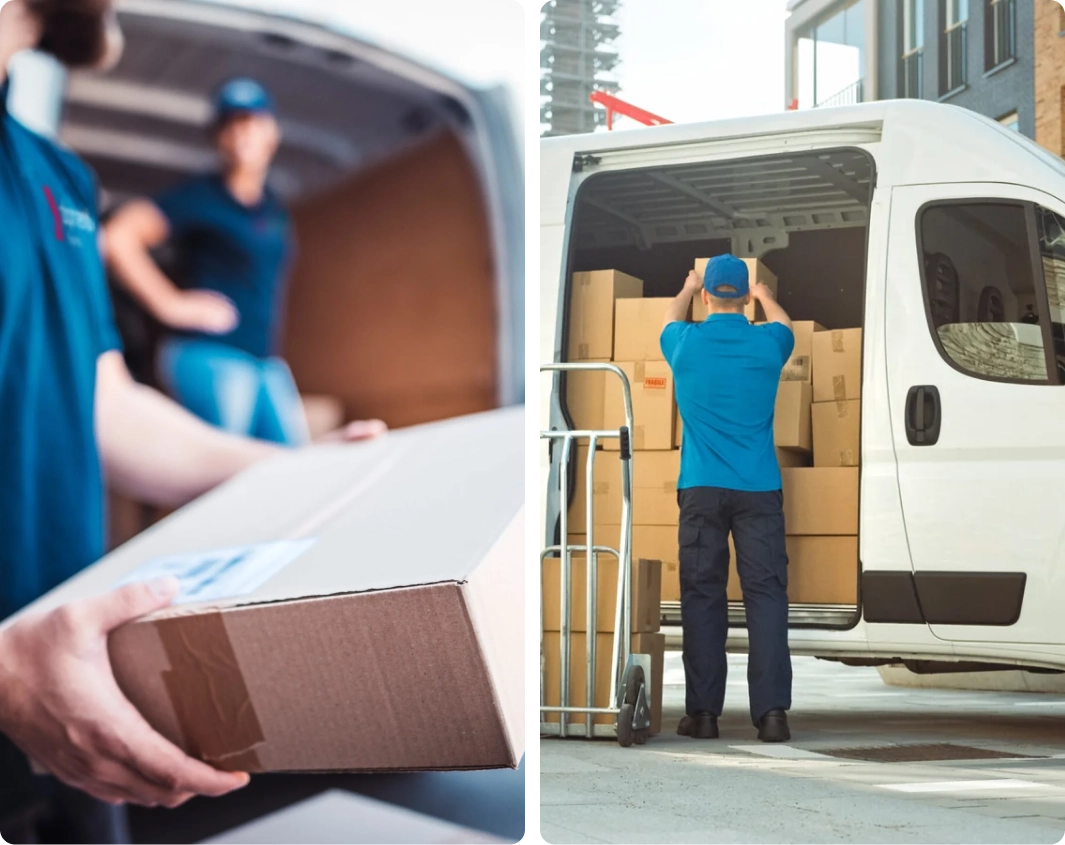 Delivery workers loading boxes into van.