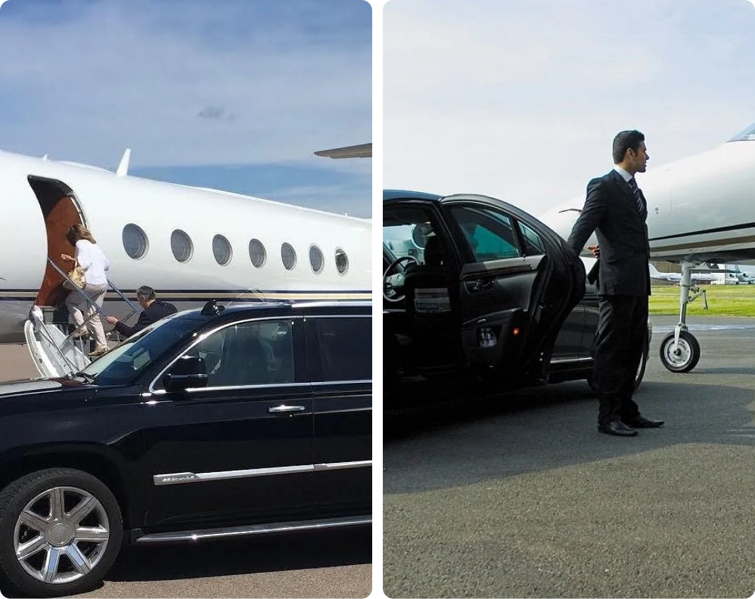 Private jet and luxury car on runway.