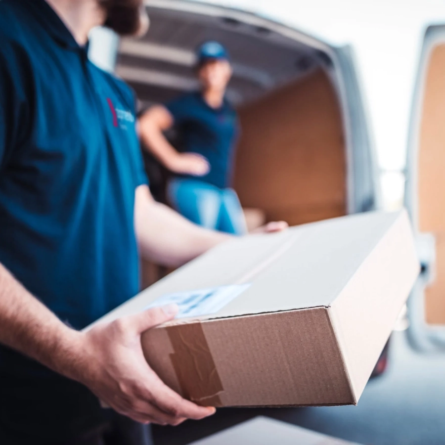 Delivery person carrying a large cardboard box.