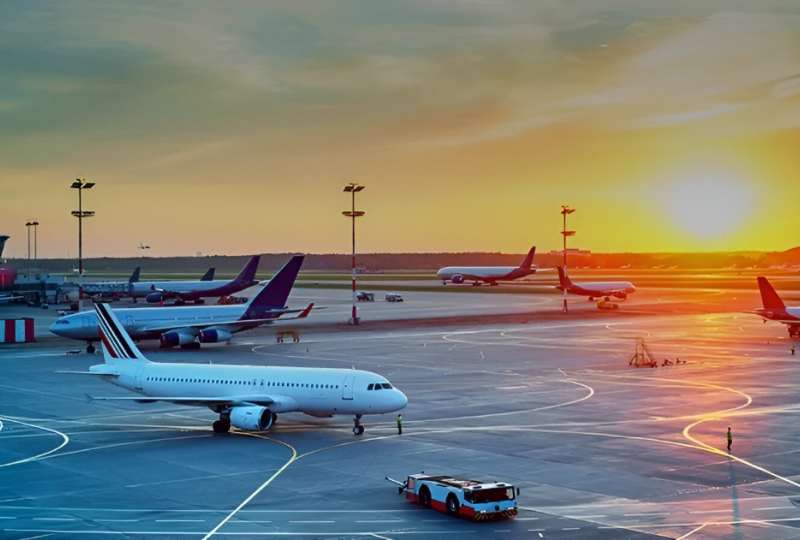 Airplanes at airport during sunset.