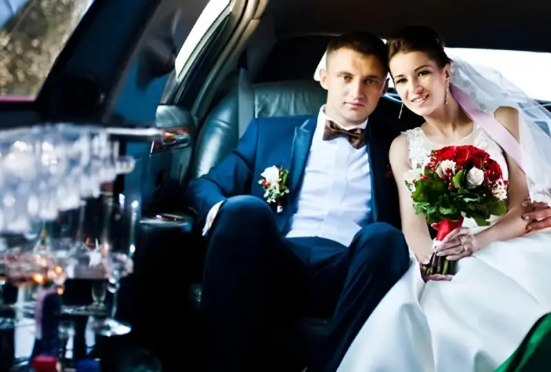 Bride and groom sitting in a limousine.