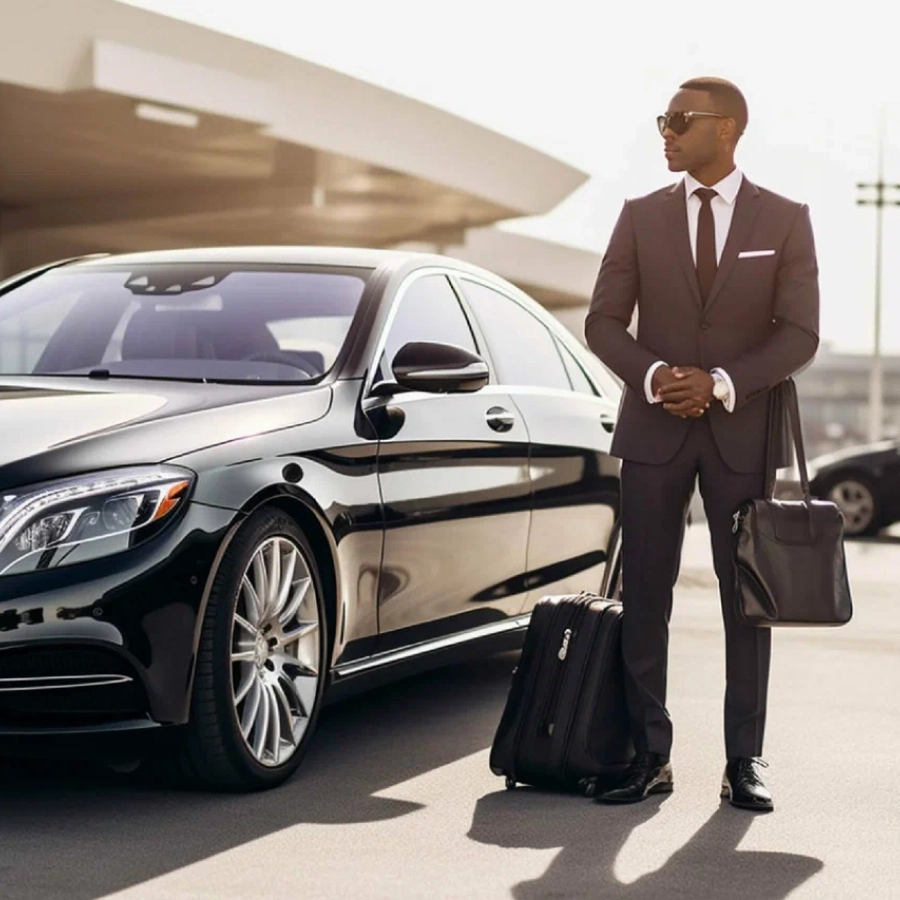 Man in suit standing by luxury car.