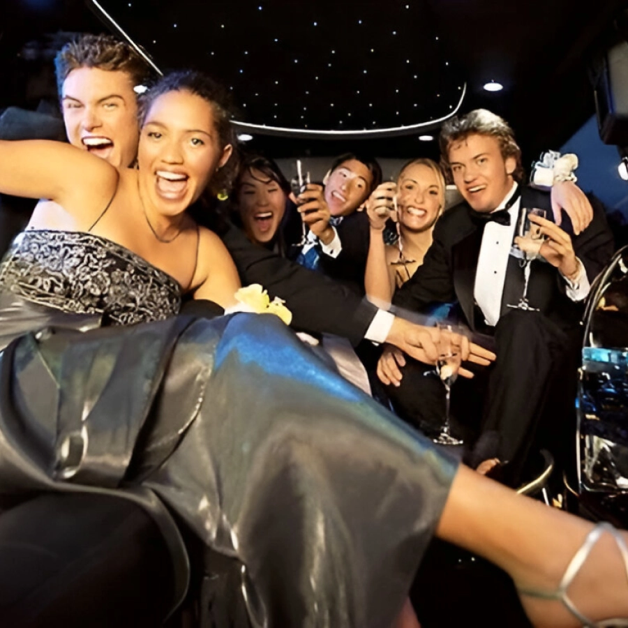 Group celebrating in a limousine at night.